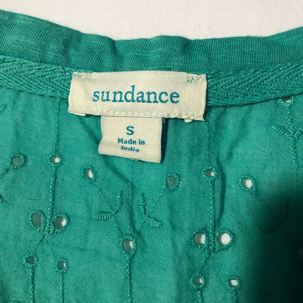 Sundance cotton Henley tshirt blue embroidery pointelle shoulder turquoise sz S - Picture 3 of 13